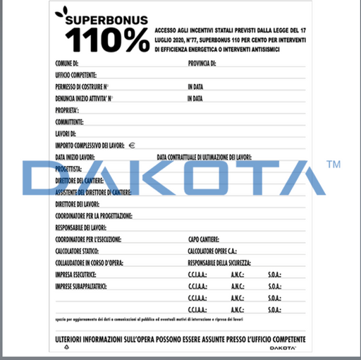 Cartello Direzione Lavori SuperBonus 110% - CONFEZIONE DA 10 pz